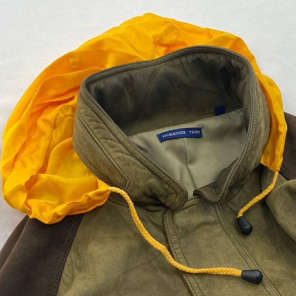 McKenzie Tribe Leather Bomber Jacket Brown Tan Men’s L Hidden Hood Zip Up - Picture 6 of 16